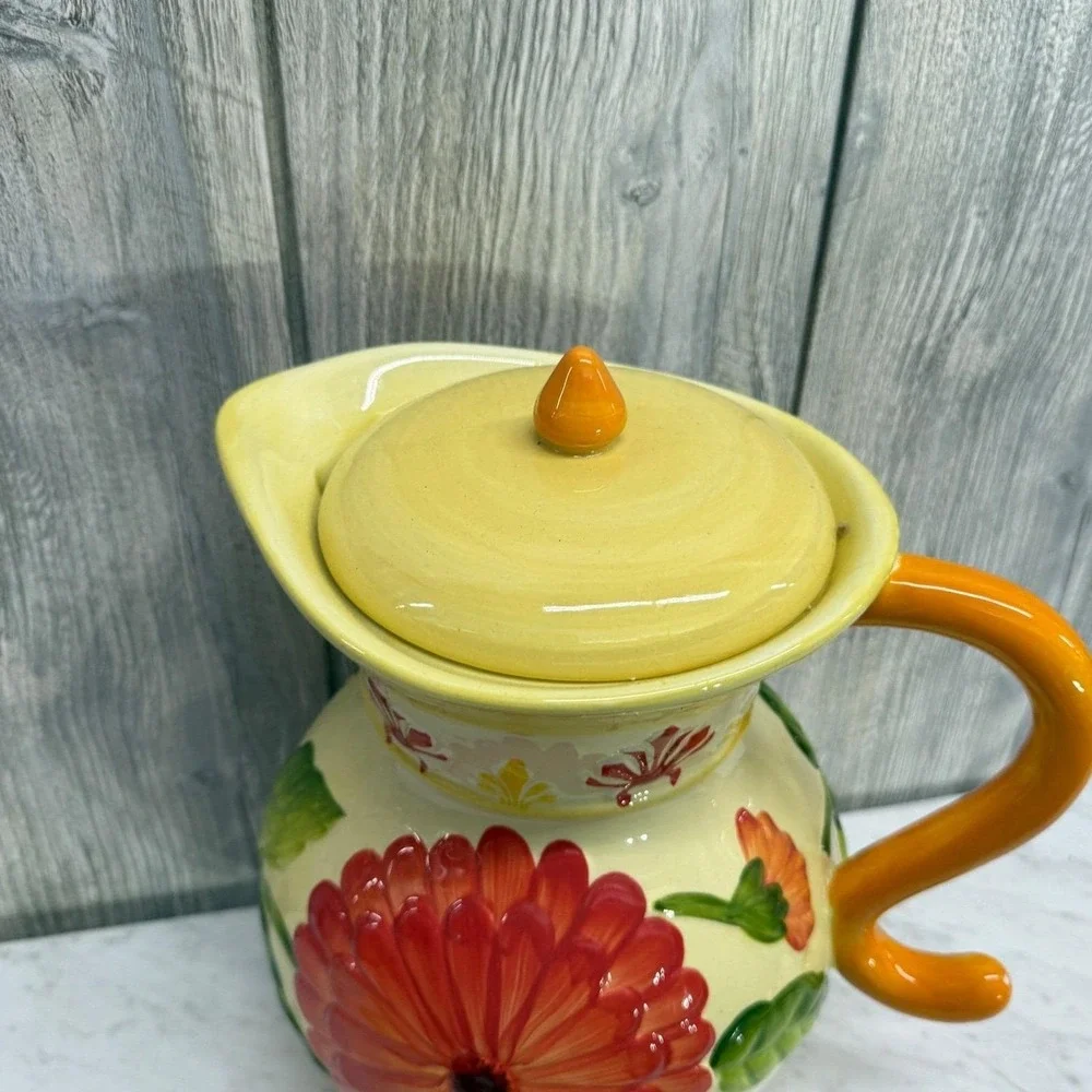 Hand Painted Ceramic Floral Pitcher with Lid Orange Flower Embossed Pottery